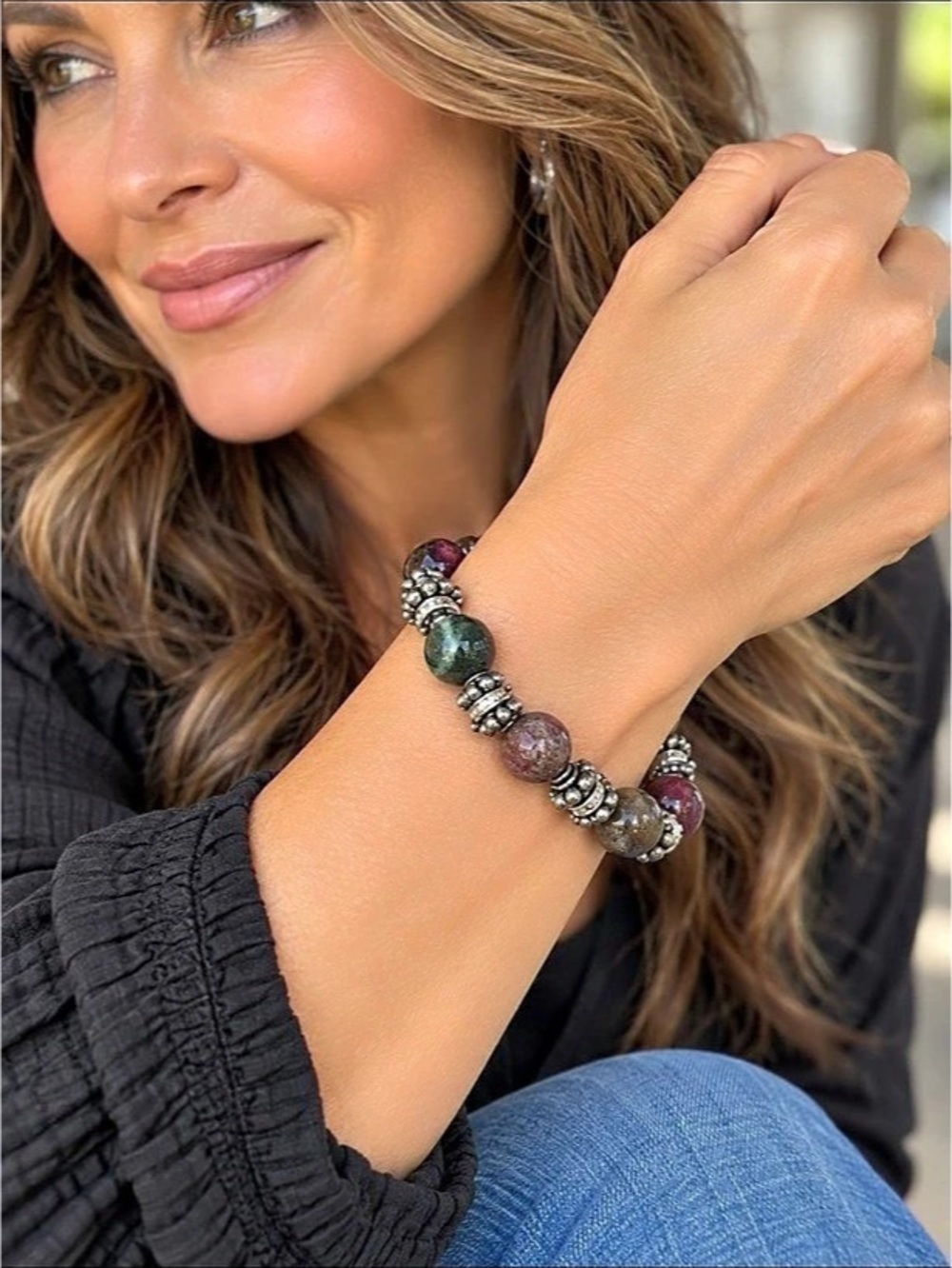 ROCKi Girmab signed heavy sterling silver genuine gemstone Bracelet